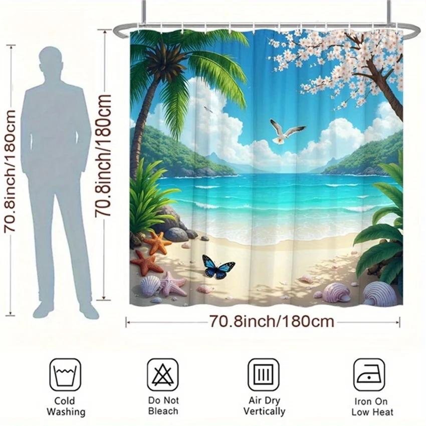 ~O~1pc Tropical Beach Shower Curtain - Palm Trees, Starfish, Cherry Blossoms & Butterflies, Polyester, 70x70", 12 Hooks