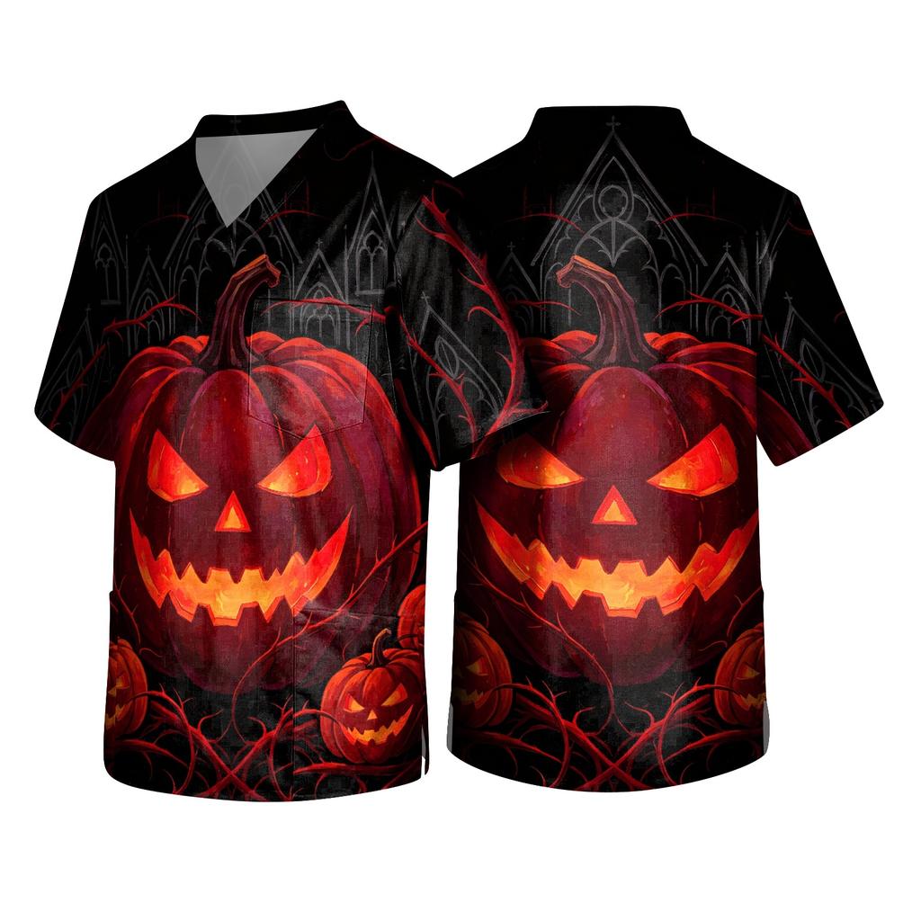 Men's Halloween Printed V-Neck Scrub Top Short Sleeve with Pockets for Work Uniform