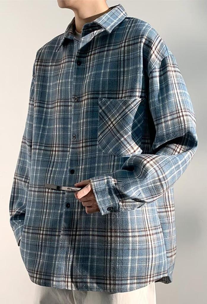 Bligo Loose Fit Plus Spring Korean Check Stylish Street Perfect for Office or Any Men's Shirt, Sizes, Pattern, Casual, Top, Style, Thick, Casual,