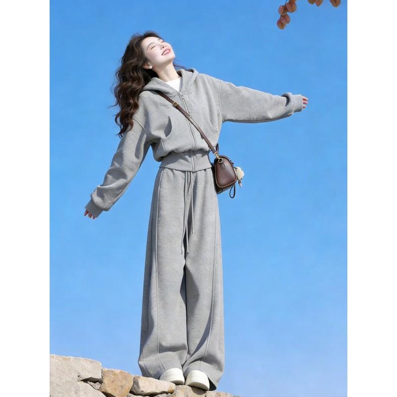 Womens Gray Casual 2-Piece Set 2026 Korean Style Hooded Cropped Sweatshirt Wide-Leg Pants