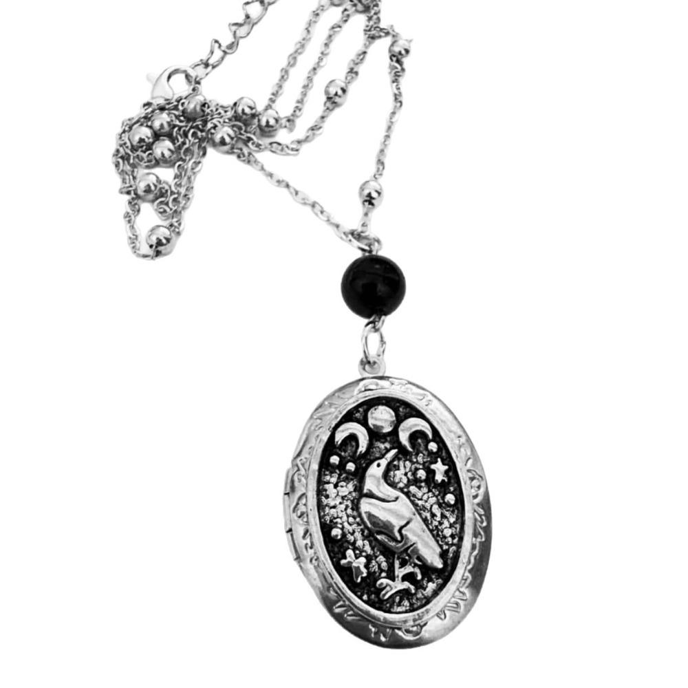 Goth Altsilber Dreifache Mondgöttin Mysteriöse Krähe Ovaler Anhänger Halskette für Frauen Halloween Pagan Hexe Hexerei Schmuck