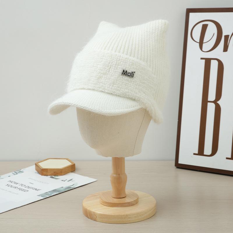 Winter Cat Ear Hat for Women with Plush Velvet Thickened Cold Proof Wool Hat Warm Ear Protection Knitted Casual Versatile Baseball Cap
