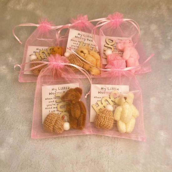 Pocket Hug Plush Bear Toy with Encouragement Card Mesh Bag Mini Positive Stuffed Bear Doll with Knitted Hat Inspirational Gift