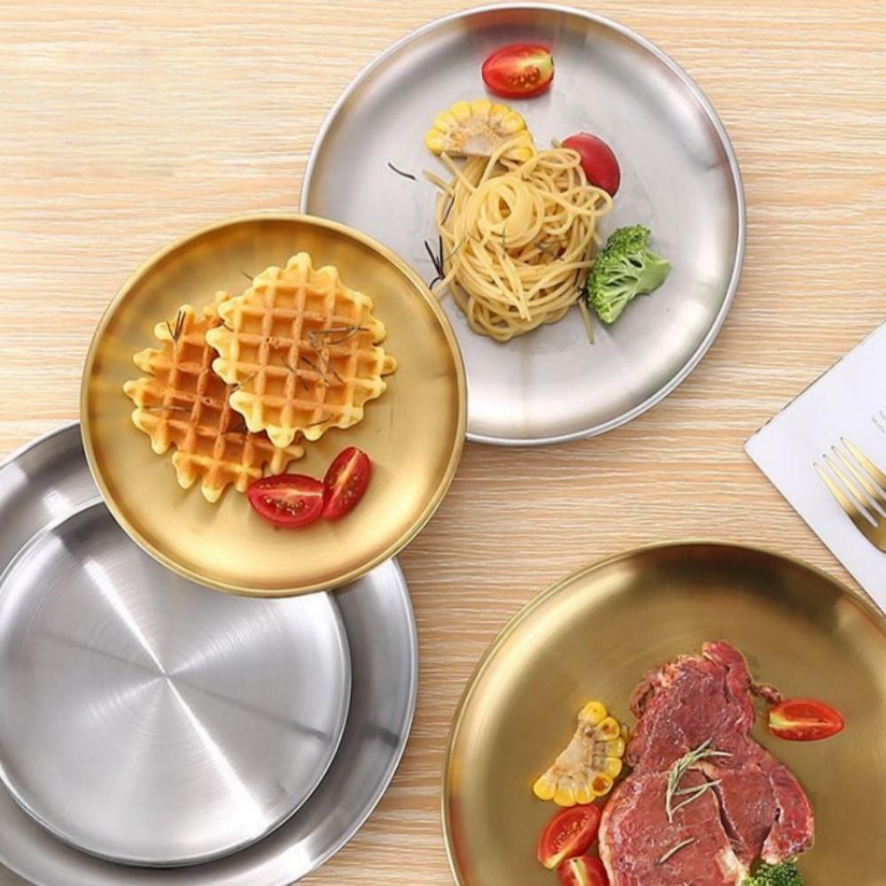2/4 Stück Edelstahlplatten 4 Größen Runde Geschirr Wiederverwendbares Serviertablett für Pizza Dessert Steak Mehr Haus Picknick BBQ Geschirr