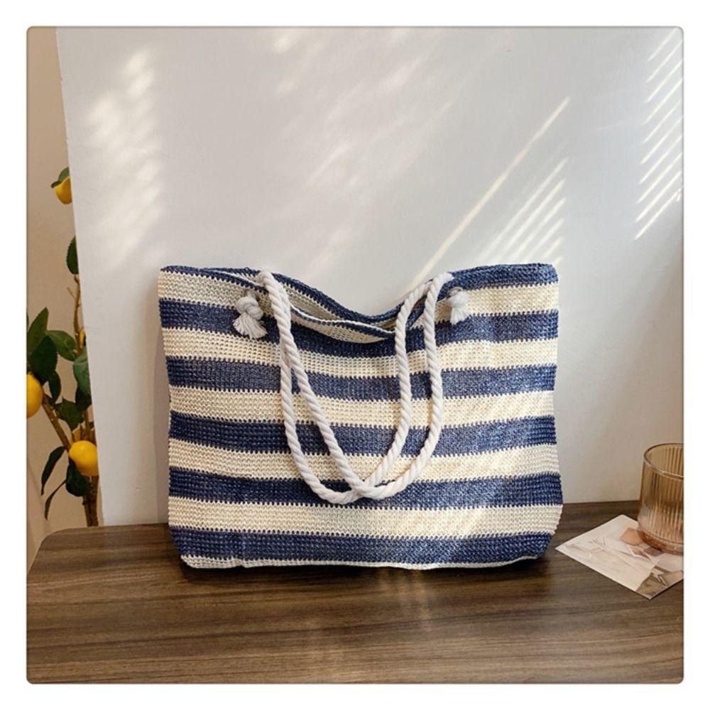 Striped Beach Tote Bag Straw Foldable Shoulder Bag Zipper Large Capacity Travel Handbag For Travel Work Beach Gym Store