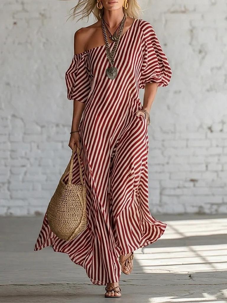 New Arrival Women's Spring Elegant Striped Off-Shoulder Dress