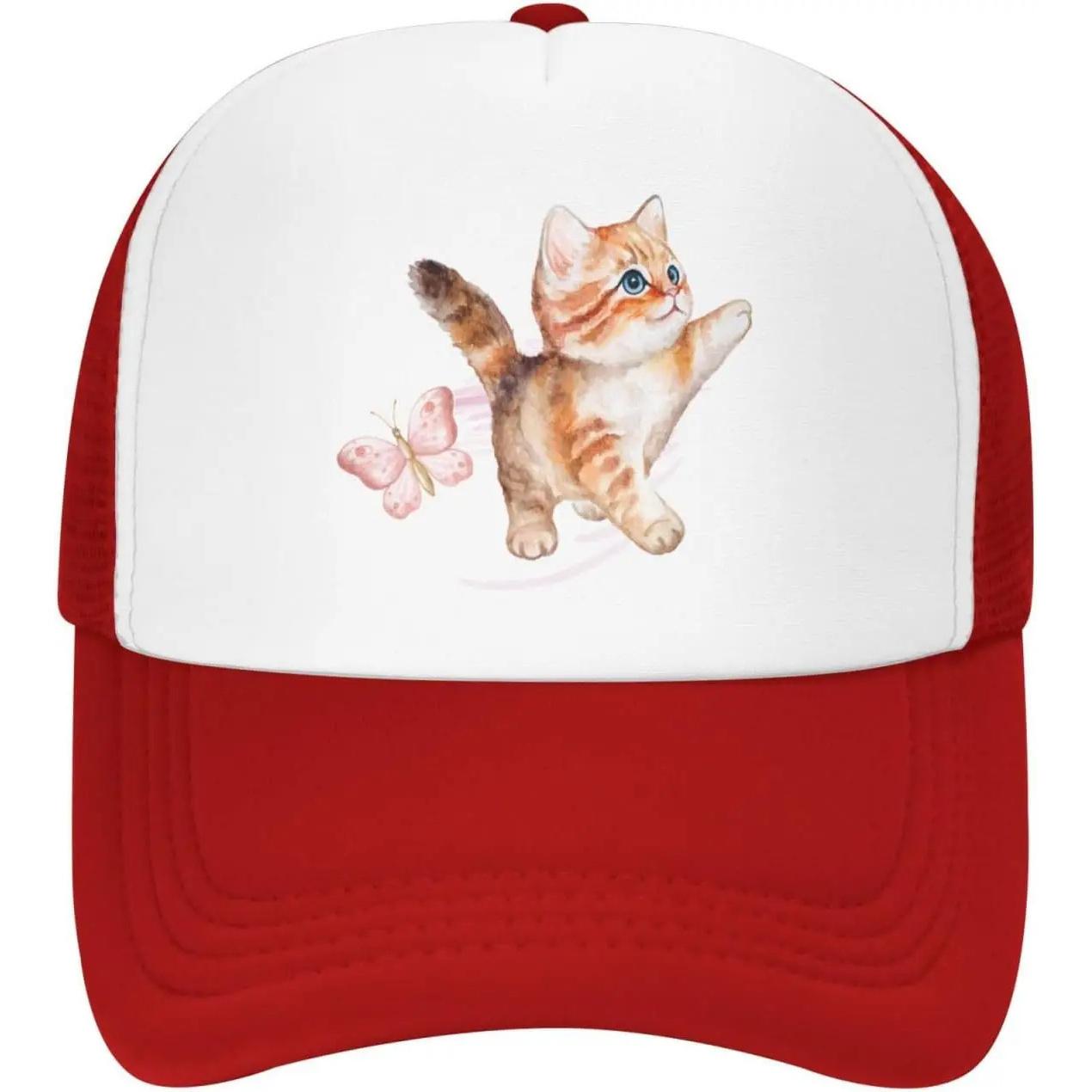 Cute Kitten Butterfly Pink Mesh Trucker Hat Adjustable Distressed Baseball Cap Unisex Casual One Size