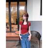Women's Fashion Water Drop Crew Neck U-Neck Short Sleeve T-Shirt Women's Versatile Slim Skinny Top