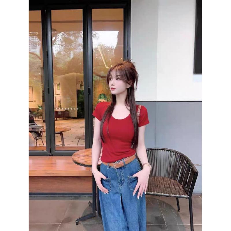 Women's Fashion Water Drop Crew Neck U-Neck Short Sleeve T-Shirt Women's Versatile Slim Skinny Top
