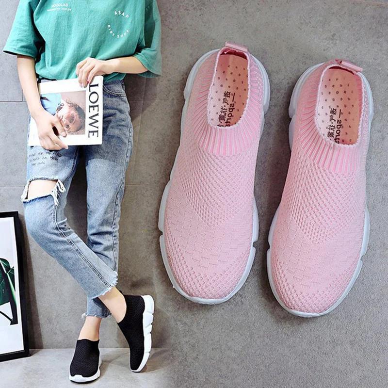 Fashion Sneakers Women Shoes Knitting Sock Sneakers Women Slip On Flat Laides Walking Shoes Woman Loafers Flats Tenis Famela Plus Size
