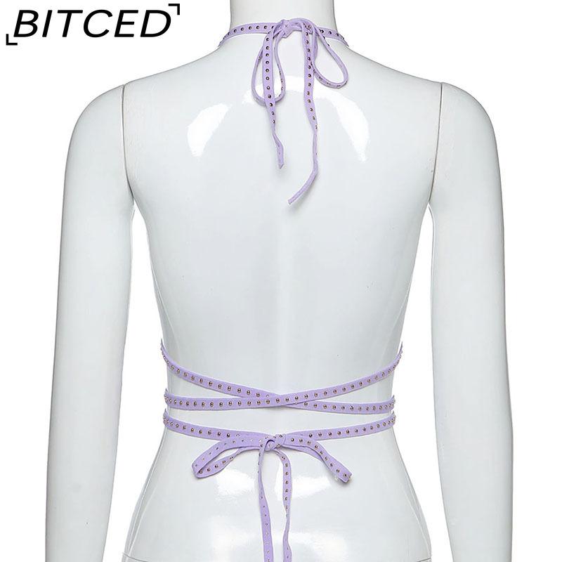 BITCED Spring/Summer Women's Versatile Solid-Colour Fleece-Lined Halter Neck Tie-Front Sexy Bandeau Top