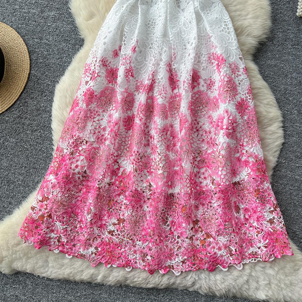 Summer Fashionable Short Sleeve Slimming Water Soluble Lace Dress Vintage Stand Collar Ruffles Splice Lace Mid-Length Dress