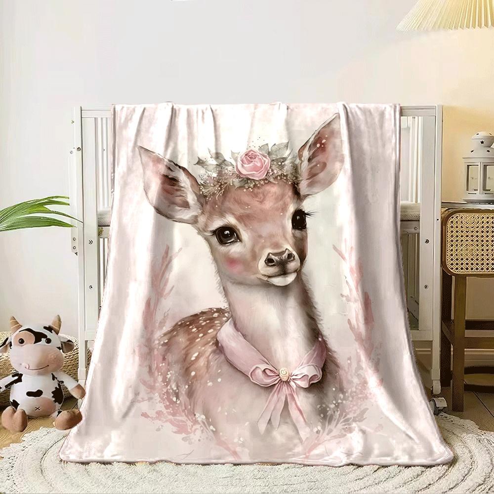 A delicate fawn adorned with a floral crown and pink ribbon on its neck. for all seasons blanket lunch break throw gift 80cm x 120cm