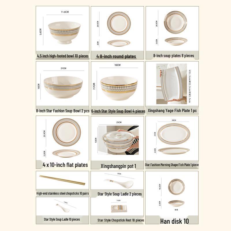 European Style Gold Rim Ceramic Dinnerware Set - Includes Large Bowls, Soup Bowls, Plates, and Rice Bowls for New Year Celebrations.