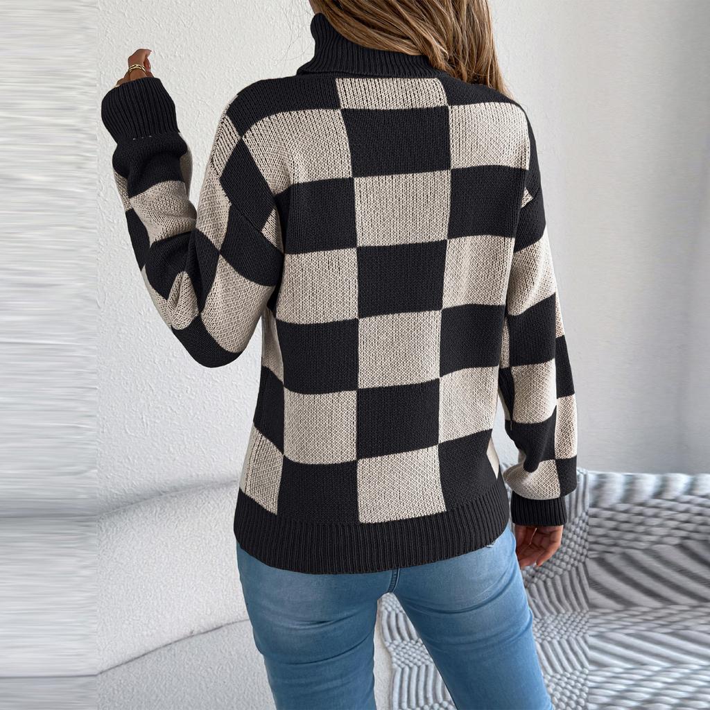 Women's Casual Turtleneck Contrasting Plaid  Long Sleeve Sweater