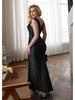 European & American Slim Fit Solid Color Satin Slit Dress