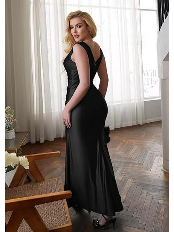 European & American Slim Fit Solid Color Satin Slit Dress