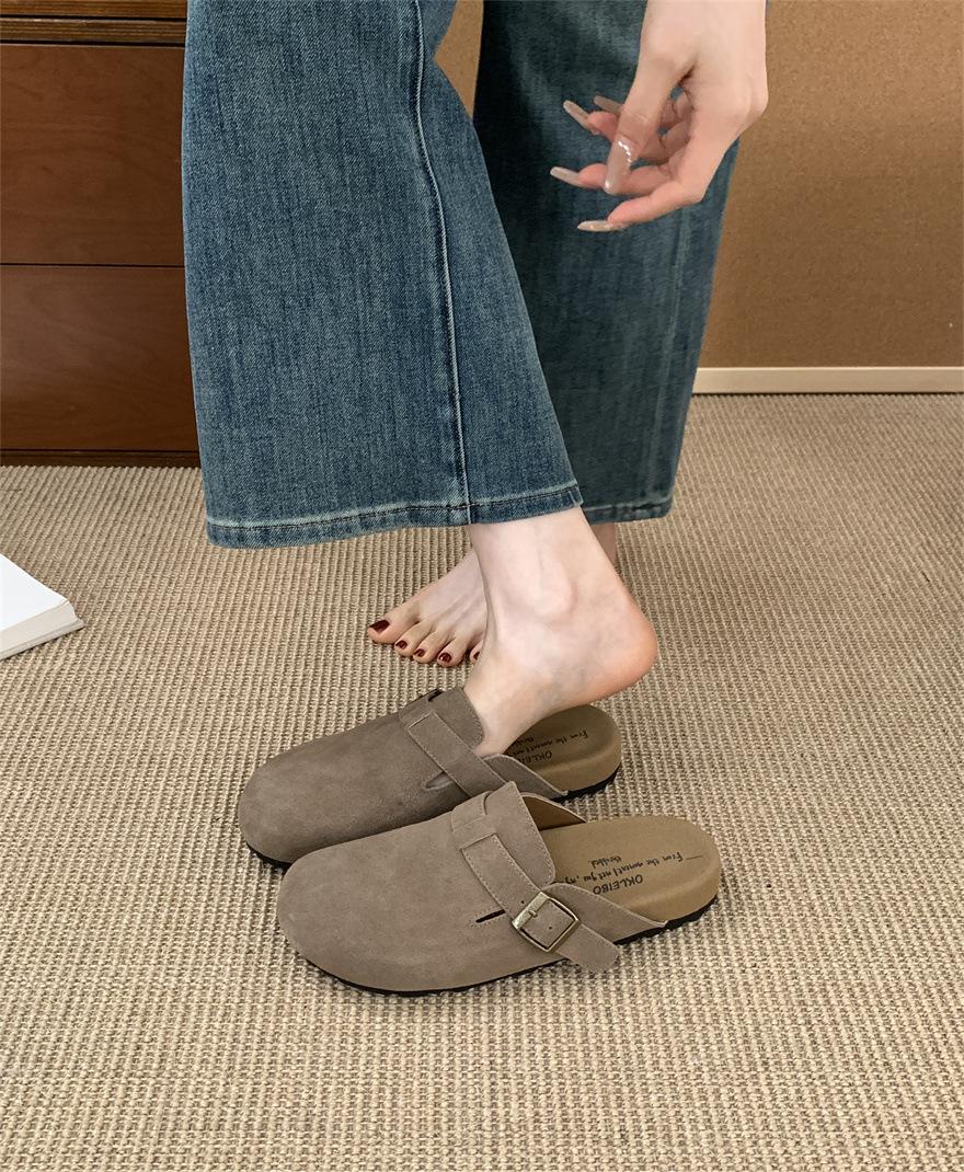 

Inner height increase Mori matte leather slippers ugly cute bag head lazy half drag small man one pedal slippers 2025 39 хакі