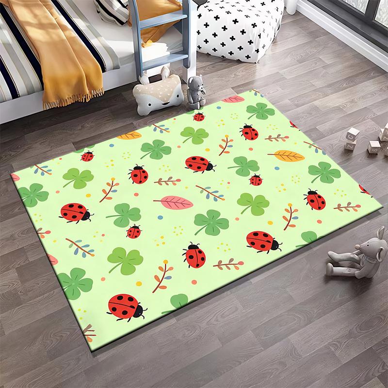 Ladybug and Clover Pattern Carpet, Cute Nature Design, Green Background Suitable for use as an anti-slip for living room bedroom sofas