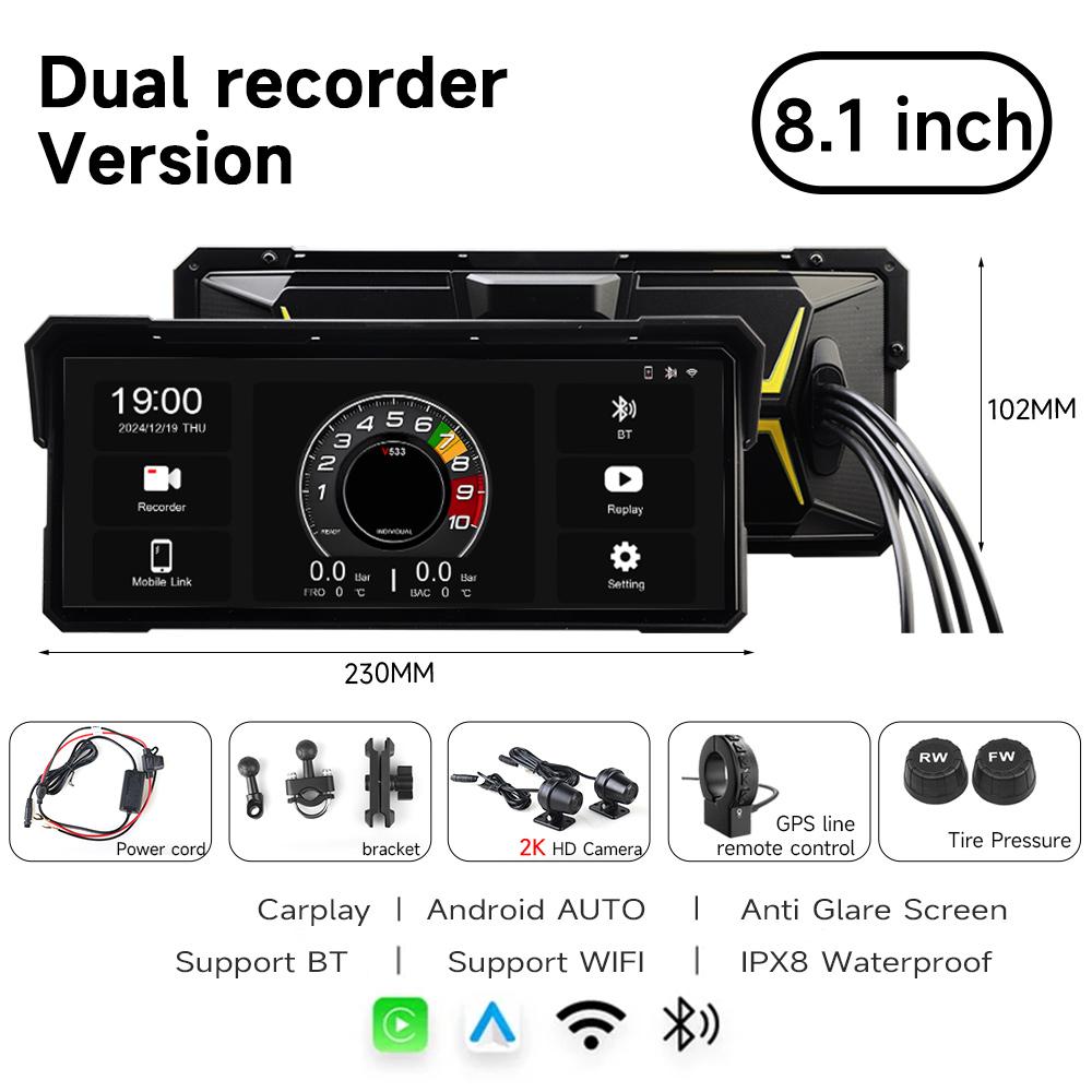 5/8.1 inch IPX8 Waterproof Motorcycle GPS Navigation Wireless Carplay Android Auto DVR Drive Recorder Moto Monitor WIFI