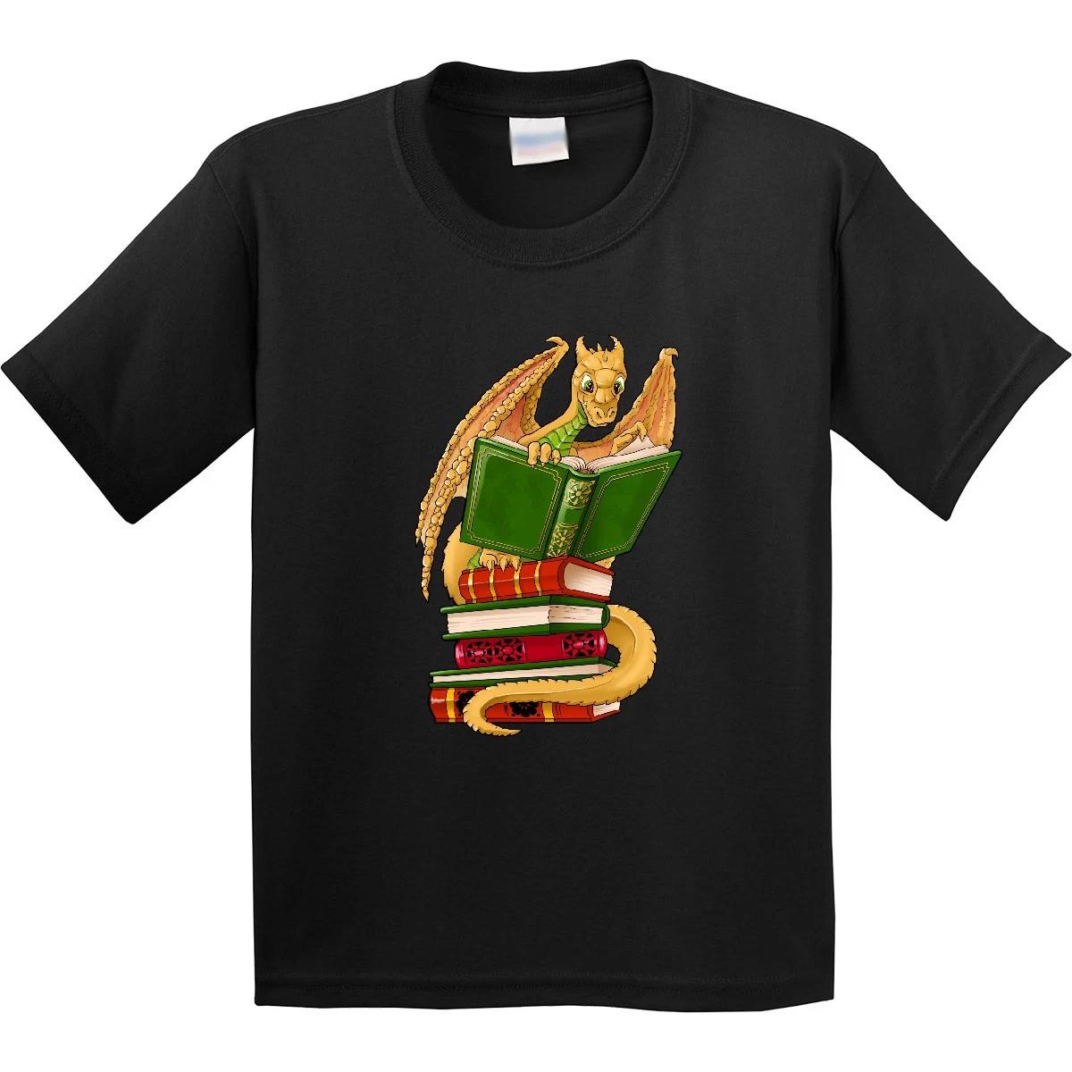 Inktastic Well-Read Cute Gold Dragon Reading Books Youth T-Shirt Dragons Library 110