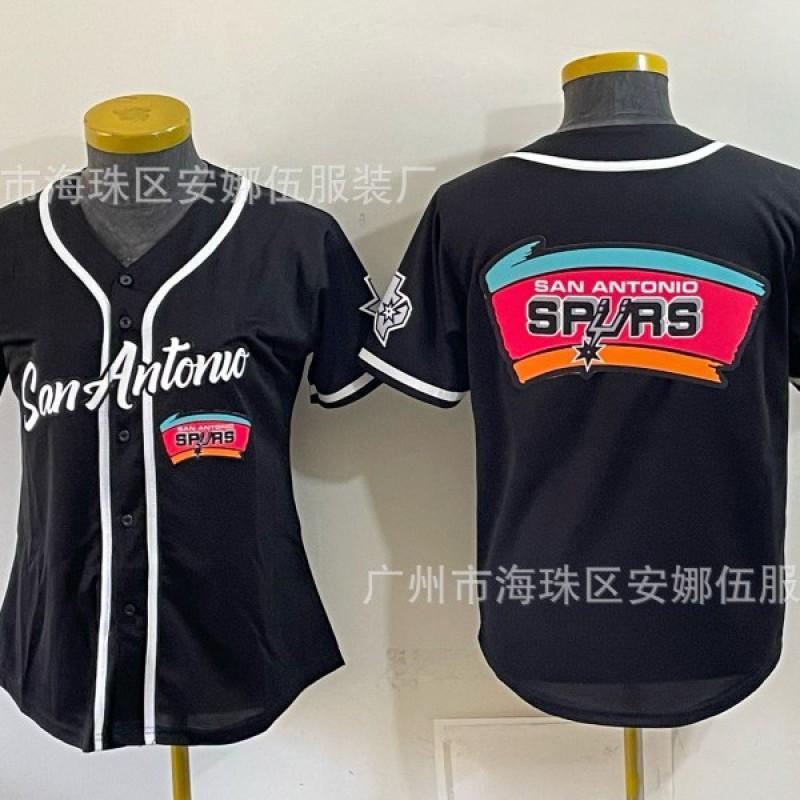 2026 Spurs 5 11 Print Baseball Cardigan Women Short Sleeve Embroidery Team Sports Top