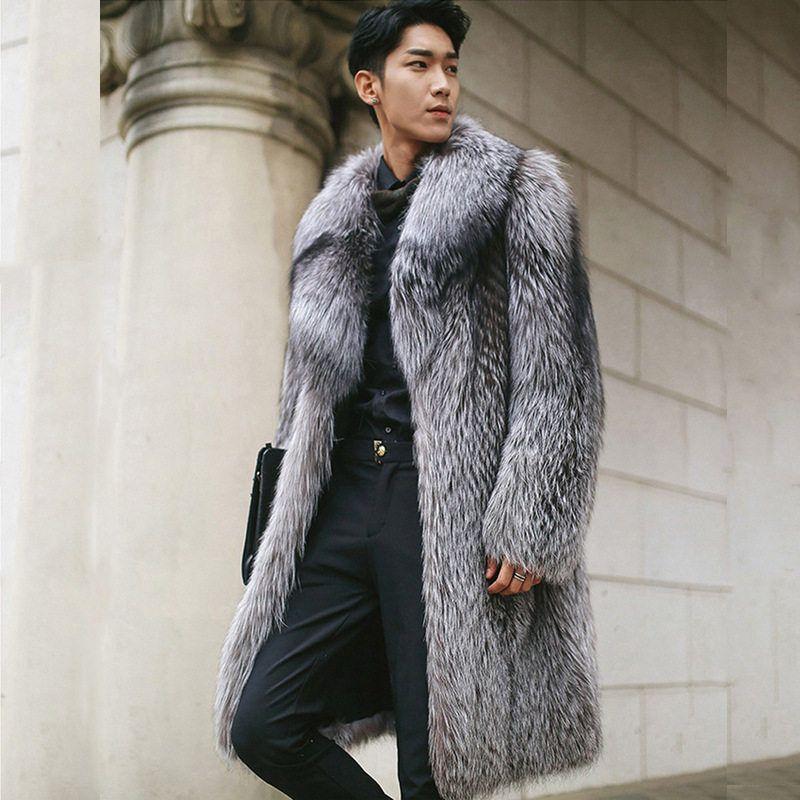 

2025 Пальто из искусственного меха норки, Мужское пальто из цельной норки, Кожаная куртка из цельного меха, Длинное мужское пальто из лисьего меха Silver Fox Color XL