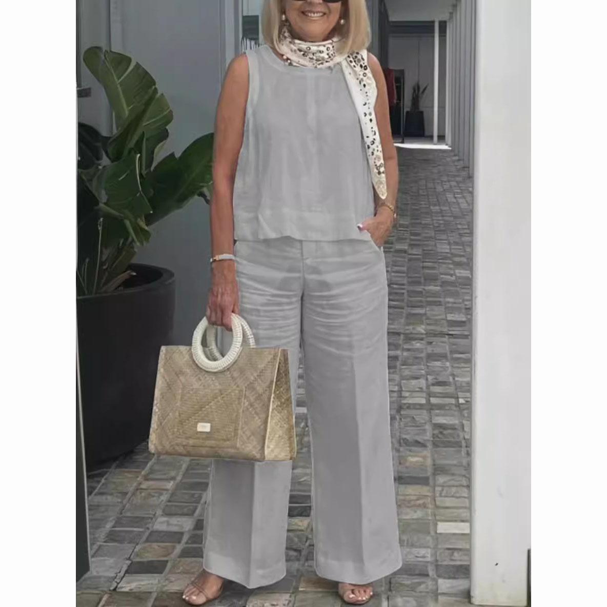 

Женские костюмы Летняя мода Без рукавов Свободная блузка Широкие брюки Комплекты из двух предметов для женщин Повседневная одежда L серый