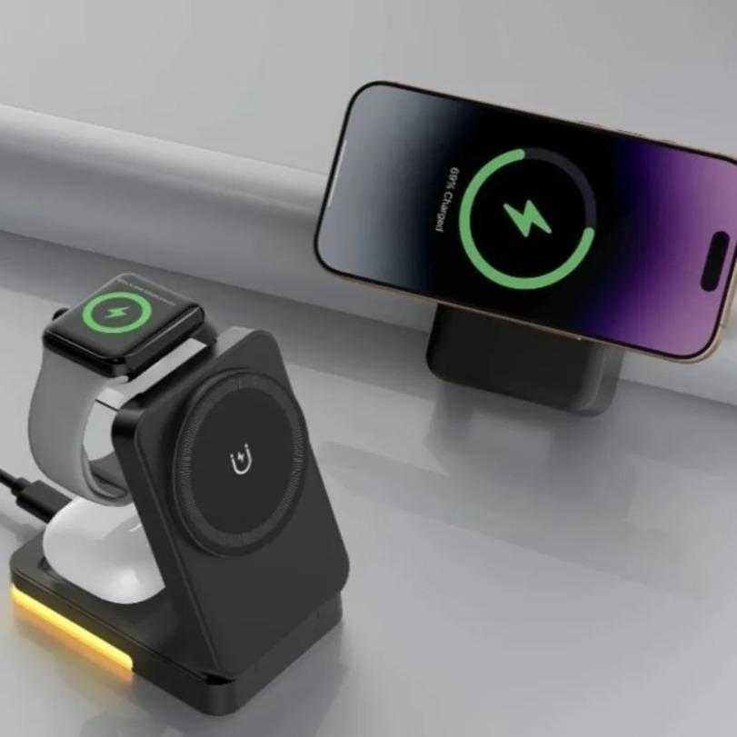 3 in 1 Magnetic Wireless Charger Stand Foldable LED Chargers Dock For iPhone 17~12 Apple Watch 2-9 SE Airpods Pro Fast Charging