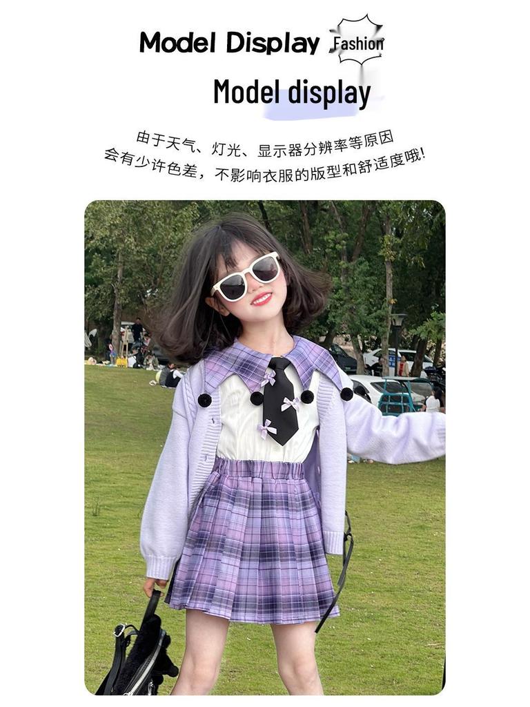 Kuromi School Style Girls' Cosplay Outfit: Sweater, Shirt, Plaid Skirt - Three-Piece Set for Spring/Autumn Performance.