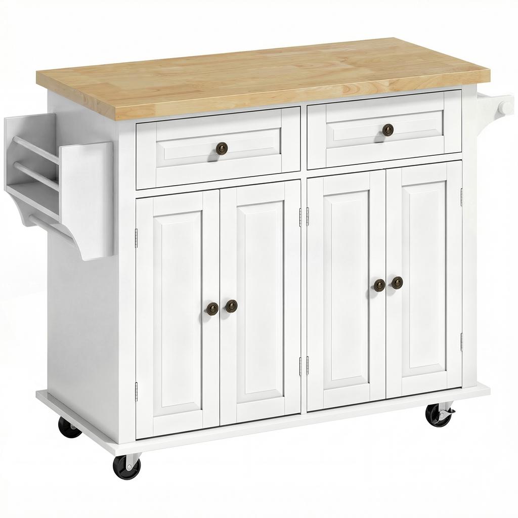 Kitchen Island on Wheels, Rolling Kitchen Storage Trolley with Rubber Wood Top, Drawers, Adjustable Shelves, Cream White