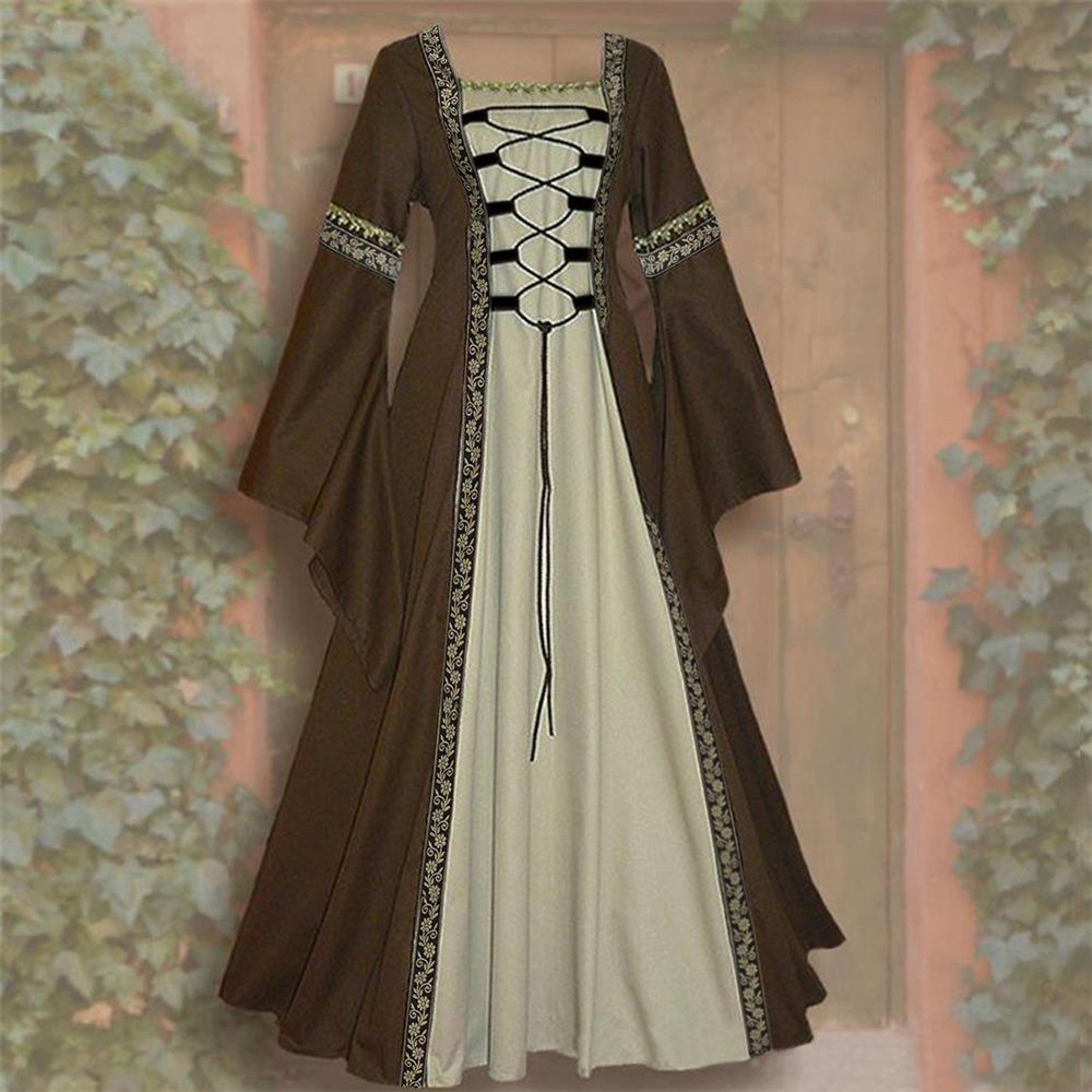Abito Maxi da Donna a Maniche Lunghe con Scollo Quadrato, Vestibilità Aderente, Costume Storico Medievale Rinascimentale Vintage