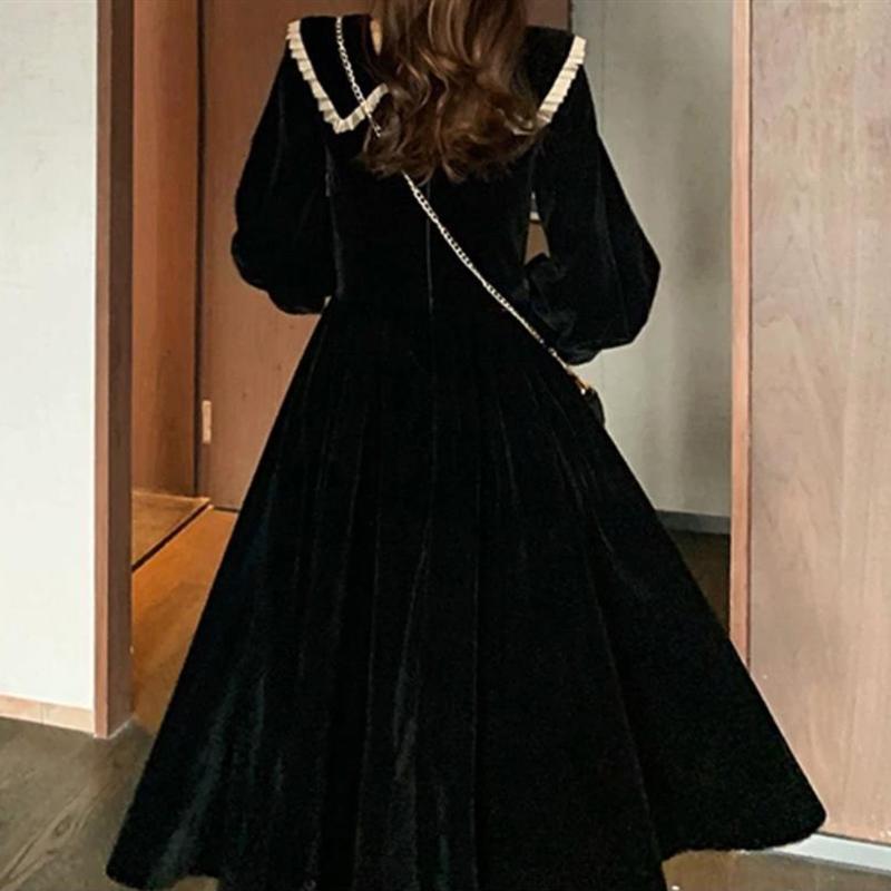 New Autumn Black Peter Pan Collar Dress Women's French High-end Elegant Long Dress Waist-cinching Slimming Audrey Hepburn Style Dress