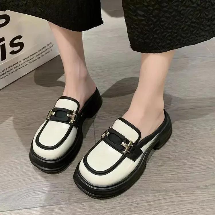 2025 New Shoes French Thick Sole Half Support Loafers Casual Women's Single Shoes British Style Small Leather Shoes