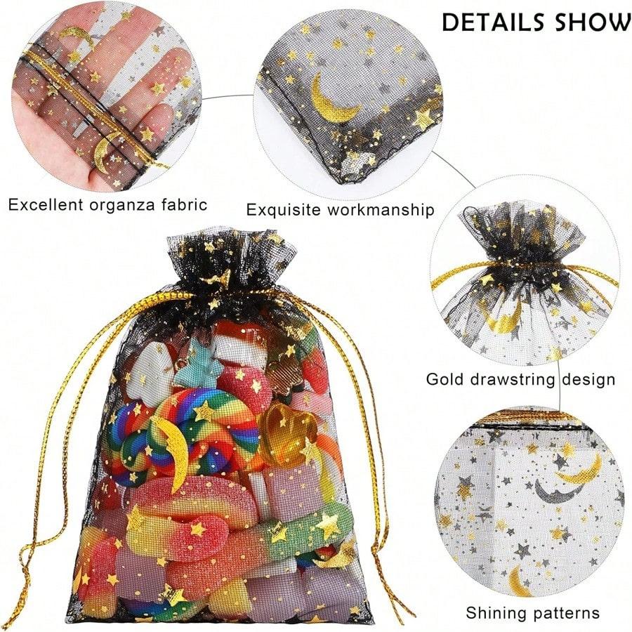 10-60Pcs Moon Stars Drawstring Organza Bags Jewelry Gift Bags Pouches Gold Star Organza Favor Pouches for Valentine's Day Weddin