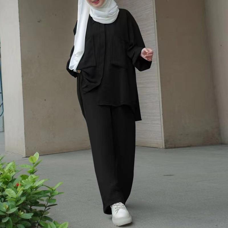 2024 Middle East Muslim Long Sleeve Shirt & Elastic Waist Pants Set with Patch Pocket & Hidden Placket, Yarn-Dyed