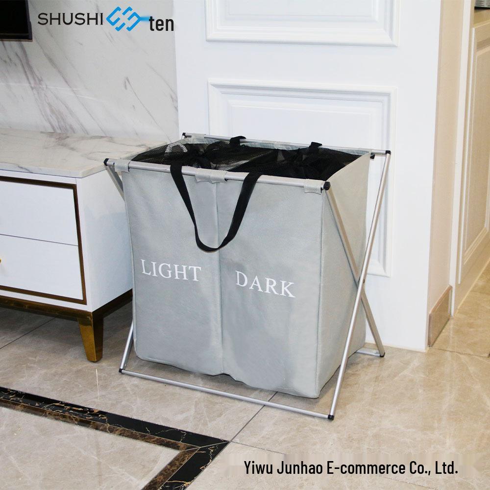 Two-Compartment Foldable Laundry Basket with Handles, 600D Oxford Waterproof Fabric & Mesh Cover