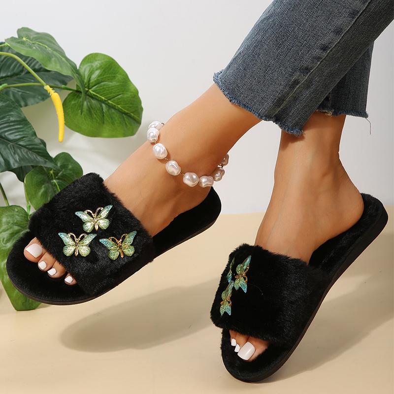 Módní Vintage Motýlí Detor Bavlněné Pantofle Dámské Umělá Kožešina Plochý Podpatek Bavlněné Nazouváky Žena Otevřená Špička Nazouvací Plyšové Pantofle Dámské