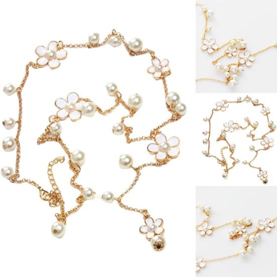 Women Elegant Faux Pearl Flower Sweater Chain Long Pendant Necklace Jewelry