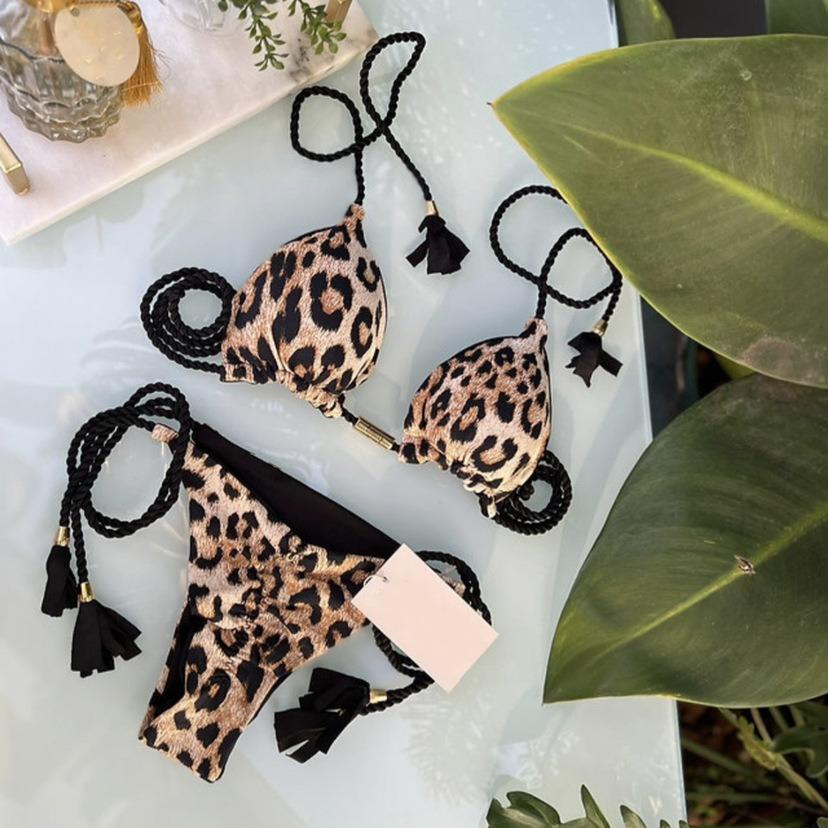Seksowny Kostium Kąpielowy Bikini z Panterką i Wiązaniami Zestaw Trójkątny Kostium Kąpielowy Kostium Kąpielowy Push-Up Zestaw Bikini z Wiązaniami na Plaży Letni Strój Plażowy Kostium Kąpielowy Stringi
