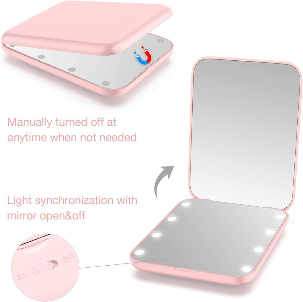 Mini LED Lighted Cosmetic Mirror Portable Pink 8.5x6.4cm Travel Makeup Mirror