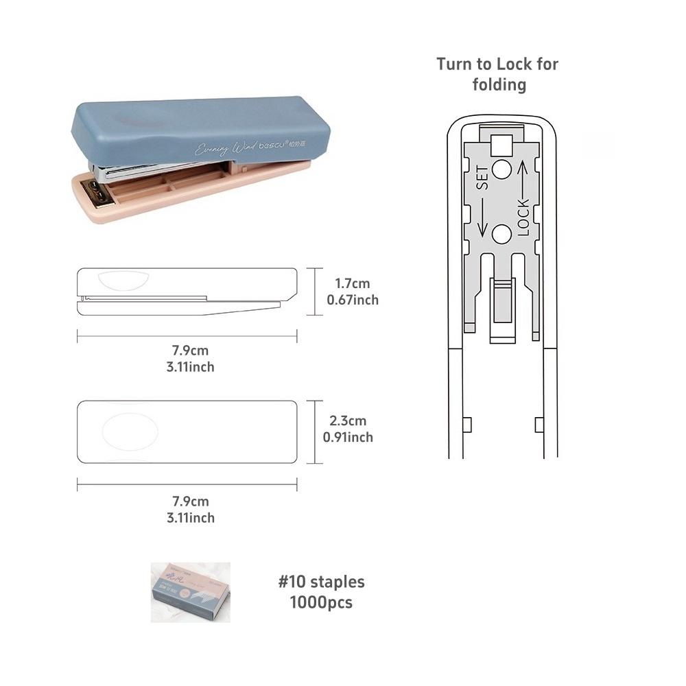 Evening Wind Folding Stapler Set Mini Portable Hitting Color Binder, with 10# 1000pcs Staples, Office Binding Tools School