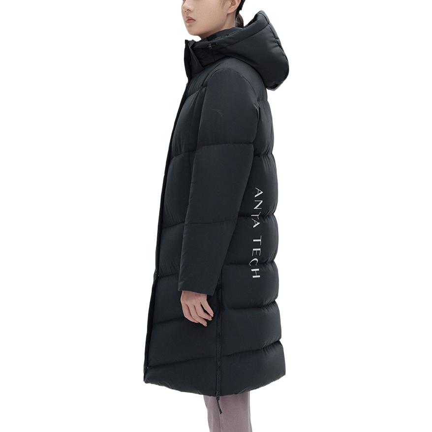 Anta Solid Color Letter Print Pattern Zipper Hooded Down Jacket Women Outerwear Black 962247905-1