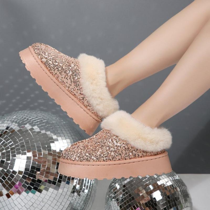 Sequined thick-soled snow boots women's autumn and winter thickened short tube one-pedal fluffy cotton boots