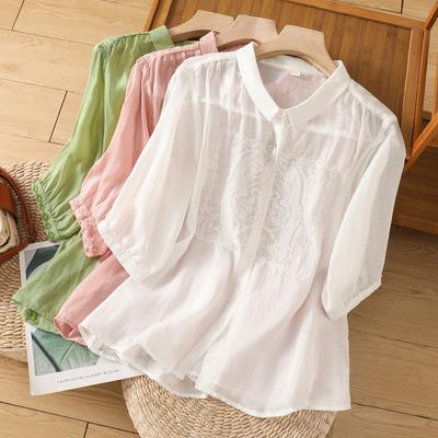 Loose and Light Breathable Cotton and Linen Shirt Women's Summer New Polo Collar Seven-quarter Sleeve Embroidered Temperament Top