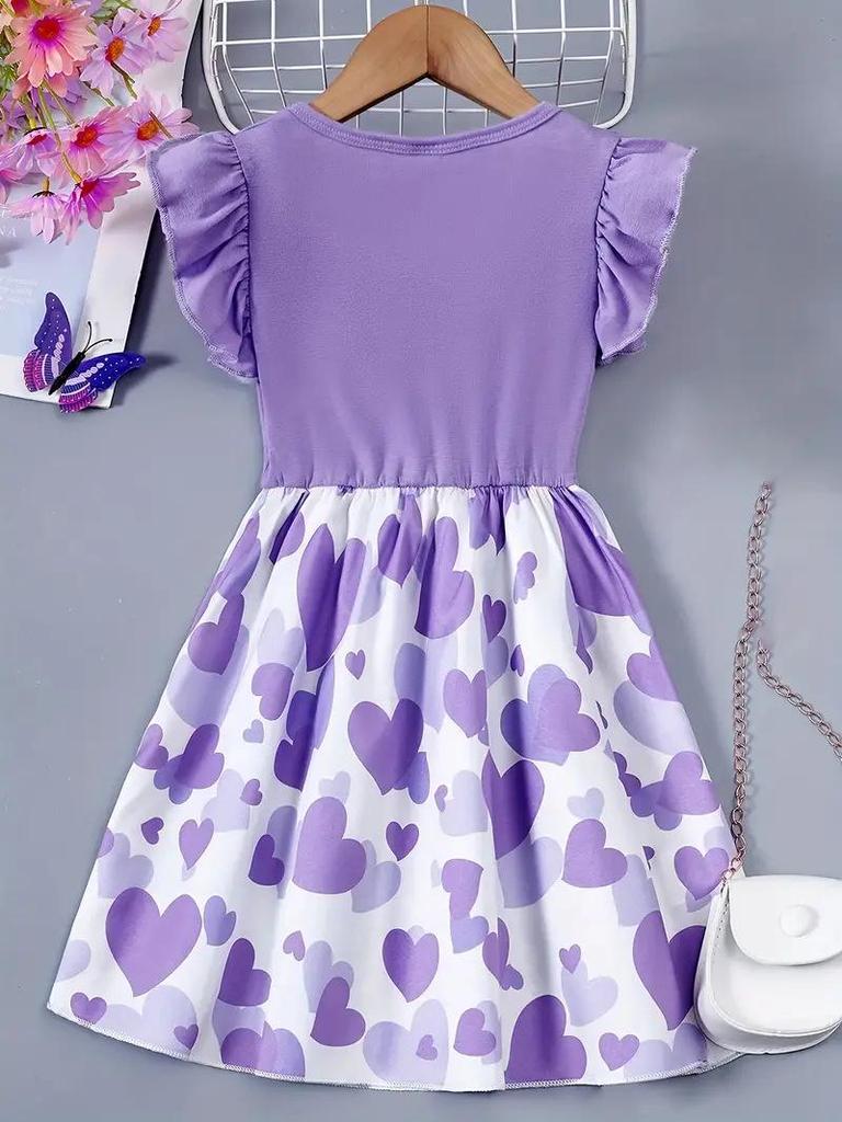 European & American Style Girls' Short Sleeve Heart Print Knitted Dress