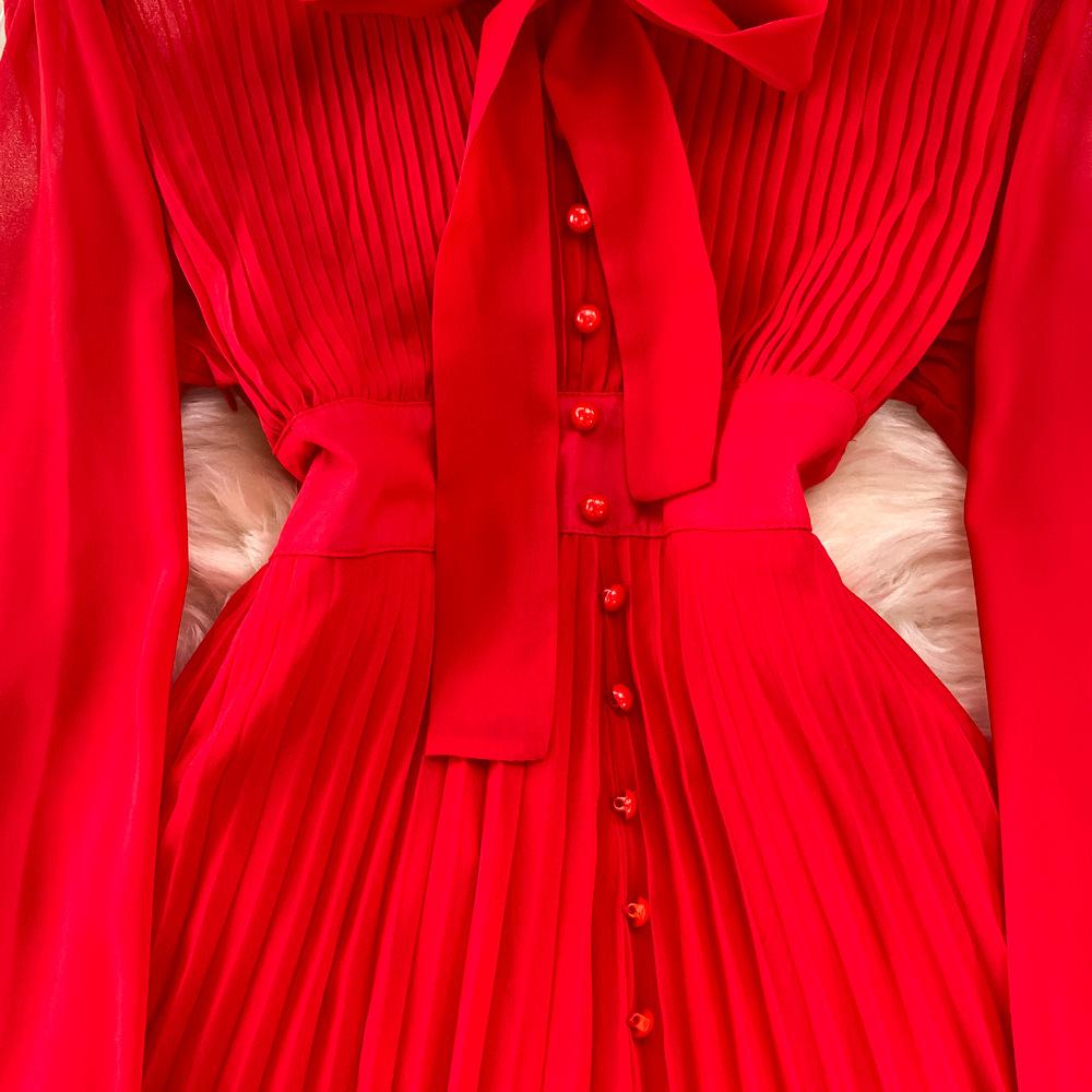 Herbst Vintage Frauen Langes Kleid Elegante Bogen Kragen Laterne Ärmel Einreiher Plissee Maxi Weibliche Rot Lila Kleider