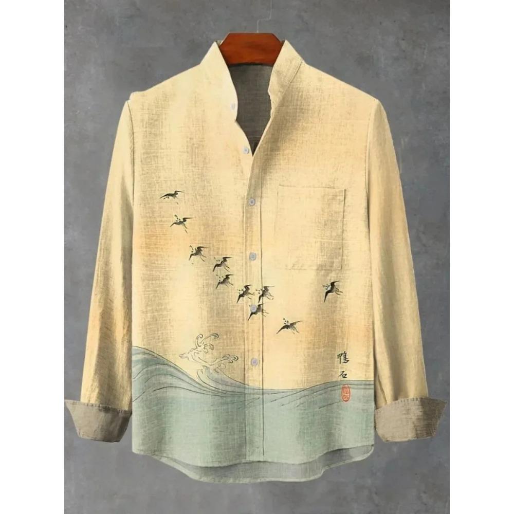 New Spring and Autumn Best-selling Men's Long-sleeved Comfortable Shirt Retro Kitten Pattern Art Print Shirt