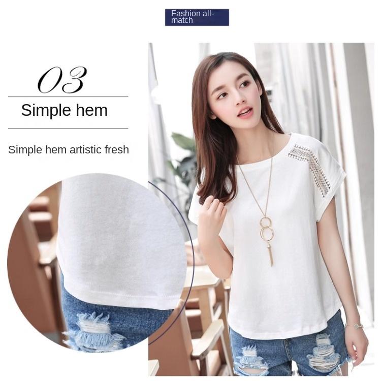 QICED Summer Fashion Hollow Lace Round Neck Bat Sleeve Short Sleeve T-shirt Women