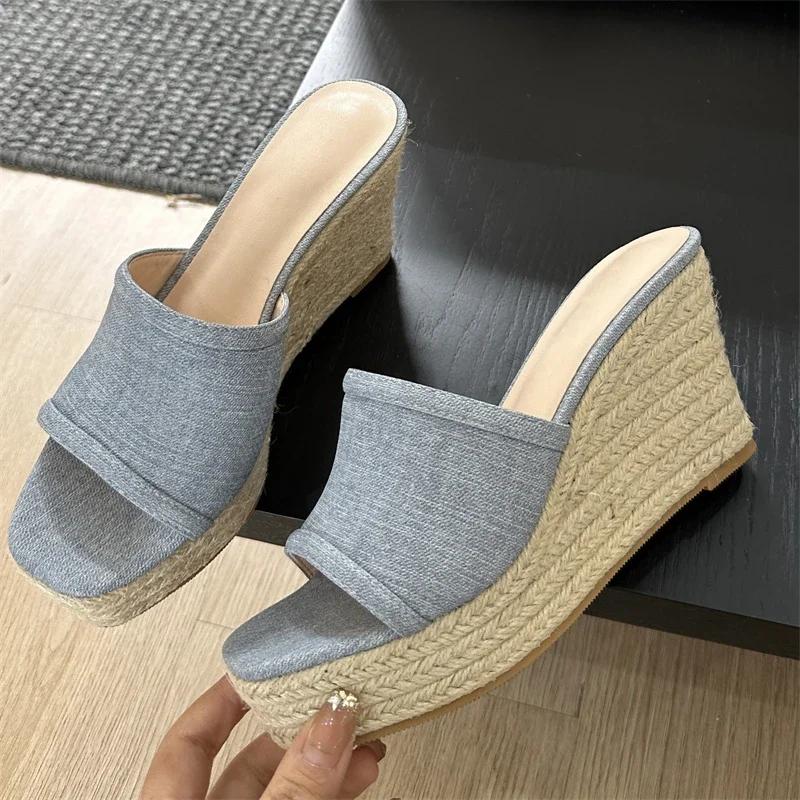 Fashion Summer Women Open Toe Slippers Hot Selling Women's Shoes  Fashion Solid Platform Wedges Rattan Weave High Heels Concise Shoes
